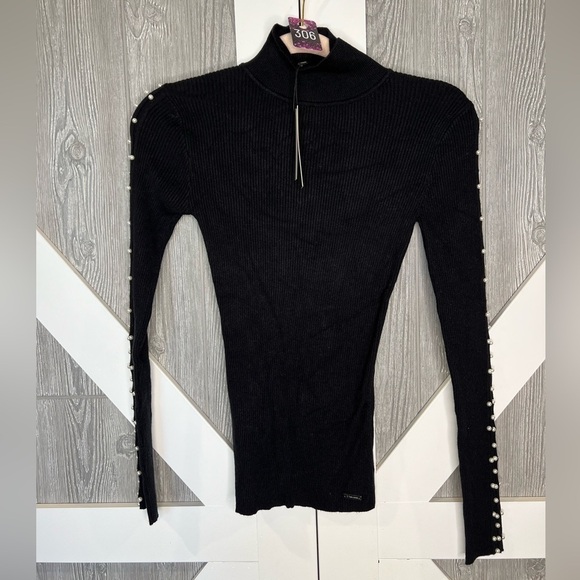 306. NWT Tahari Elegant Pearled Black Ribbed Women's Sweater XS - Picture 2 of 9